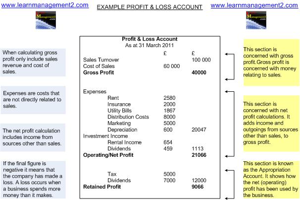Diagram showing example Profit And Loss Account