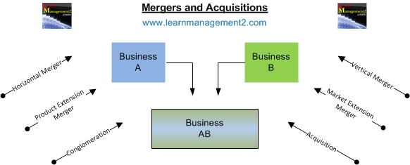 Diagram showing diffrent types of mergers and acquisitions